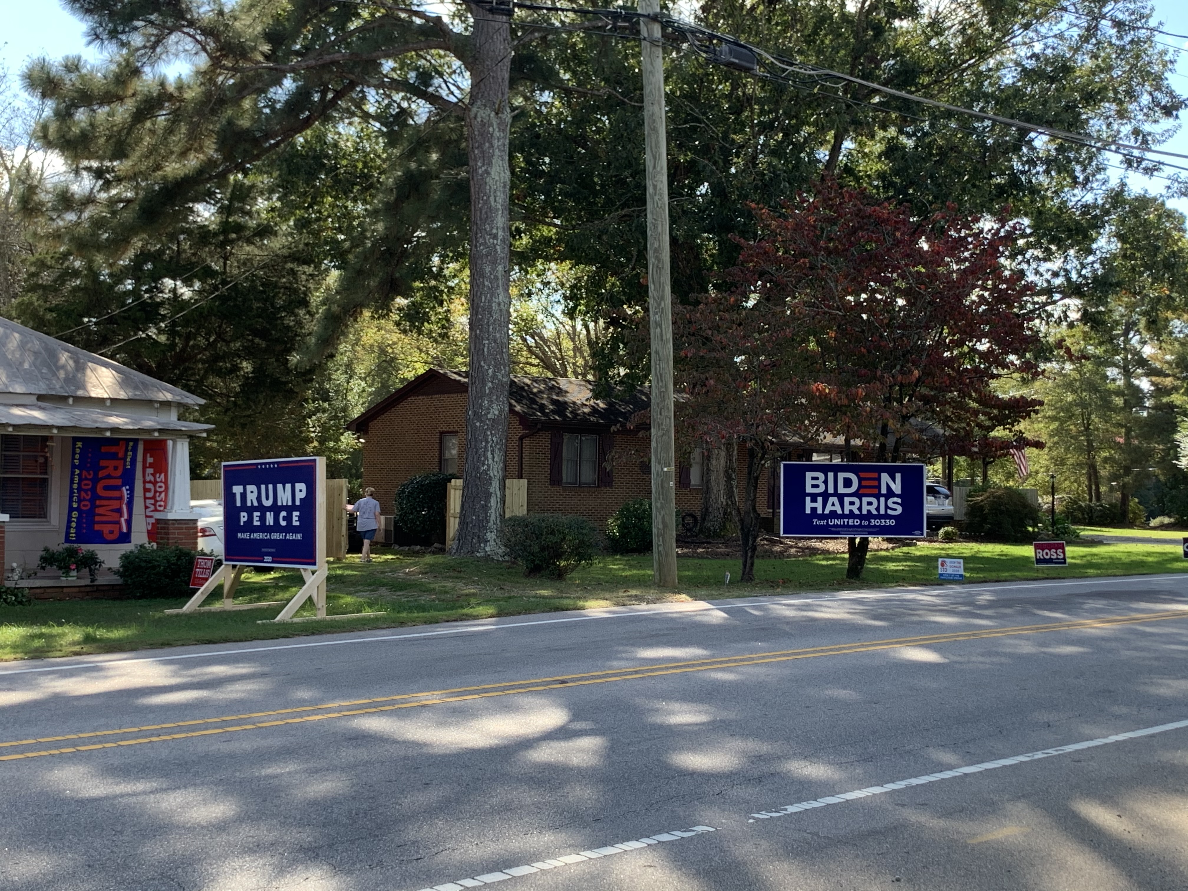 One house has a giant Trump/Pence
sign and the other has a giant Biden/Harris sign