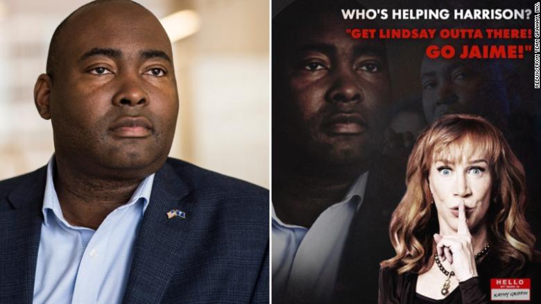 On the left, Jaime Harrison with a normal skin tone,
and on the right, Harrison much darker and in shadows, along with a picture of Kathy Griffin and a claim that she's funding his campaign.