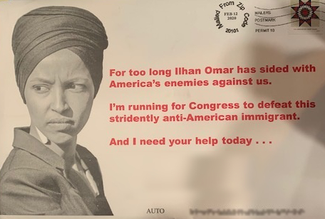 Postcard that shows Ilhan Omar with her head 
covering and a frown, and talks about how much she hates Americans