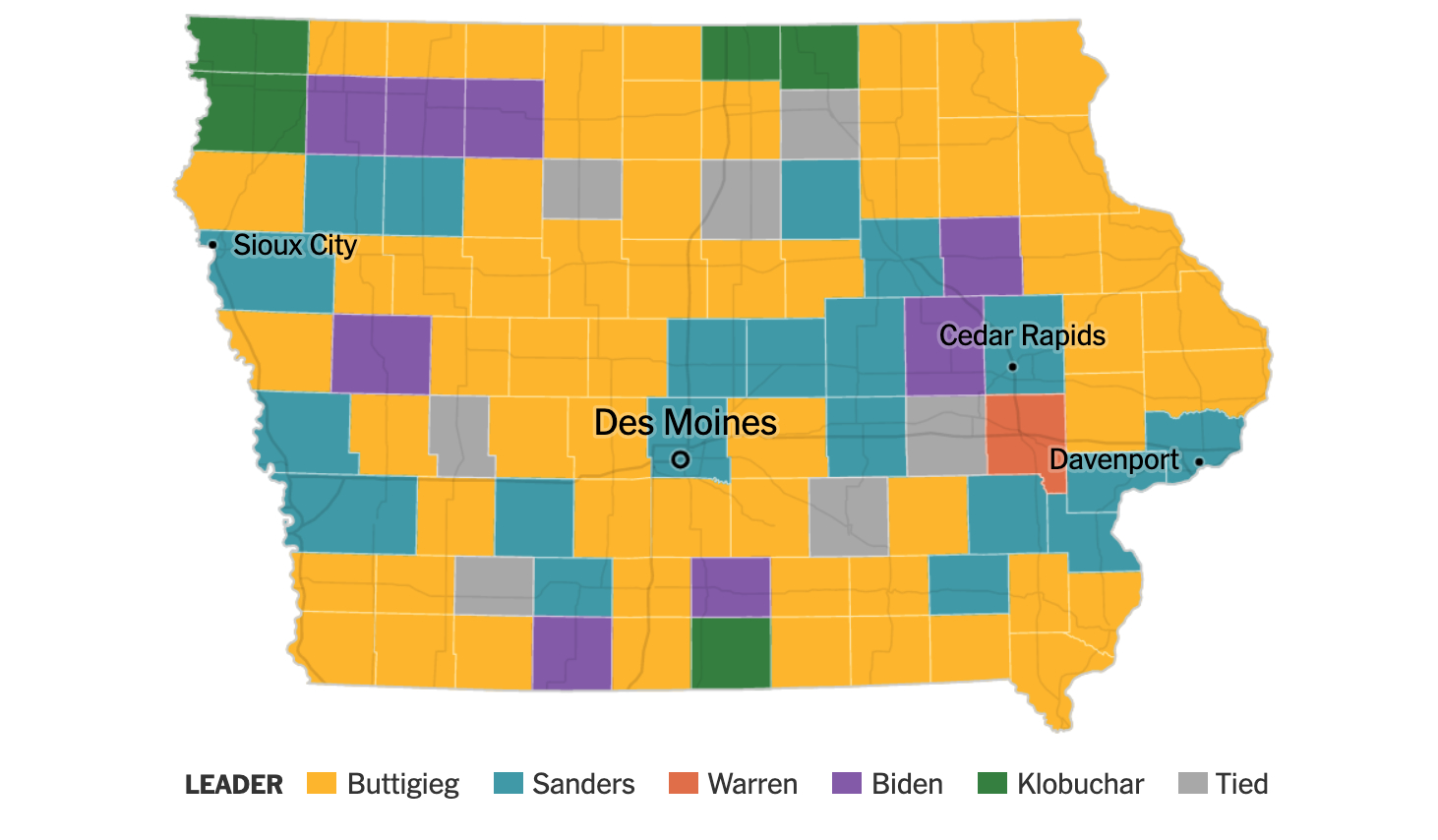 The map shows four city names, namely Des Moines, 
Davenport, Cedar Rapids, and Sioux City, and Sanders won most of the counties that include or are near those cities.
Most of the rest of the map went for Buttigieg, excepting a few scattered counties here and there for Biden or
Klobuchar, one for Warren, and some ties.