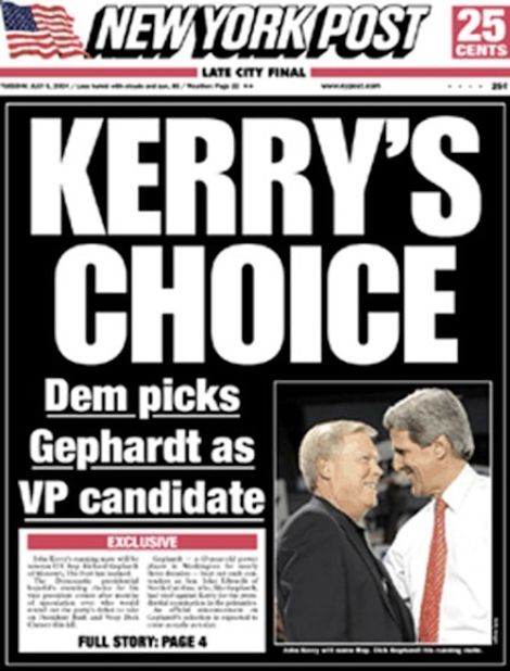 New York Post front page with
headline 'Kerry's Choice: Dem picks Gephardt as VP candidate'