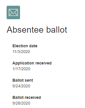 In this case, a website
lists all the key dates for the voter's ballot, from 'application received' on 1/17 to 'ballot received' on 9/28