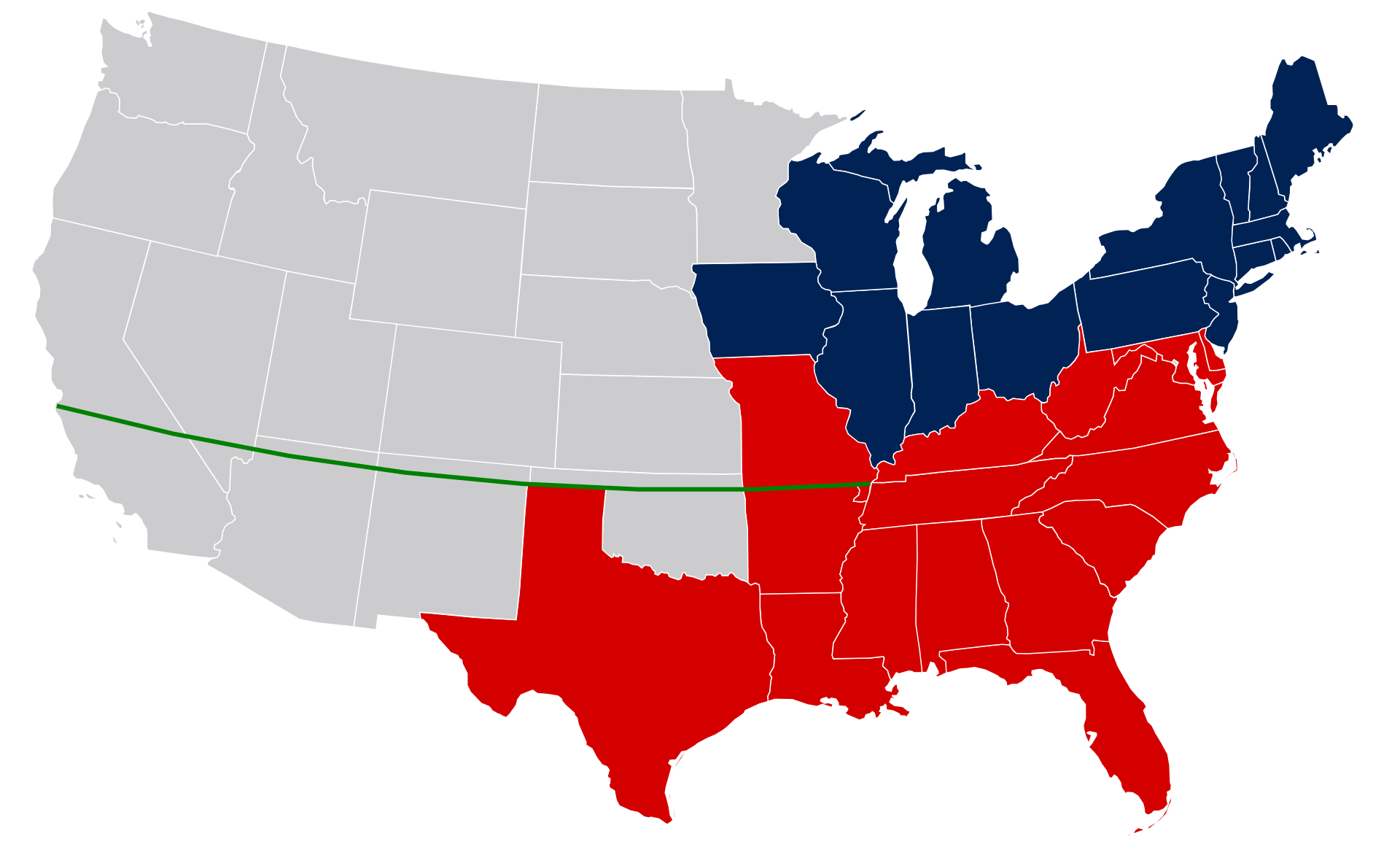 The Missouri Compromise line runs through the
far northern parts of Oklahoma, New Mexico and Arizona, the far southern part of Nevada, and right through the middle of California