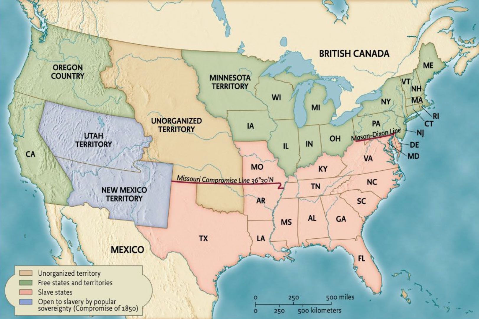 The Missouri Compromise line runs through the
far northern parts of Oklahoma, New Mexico and Arizona, the far southern part of Nevada, and right through the middle of California