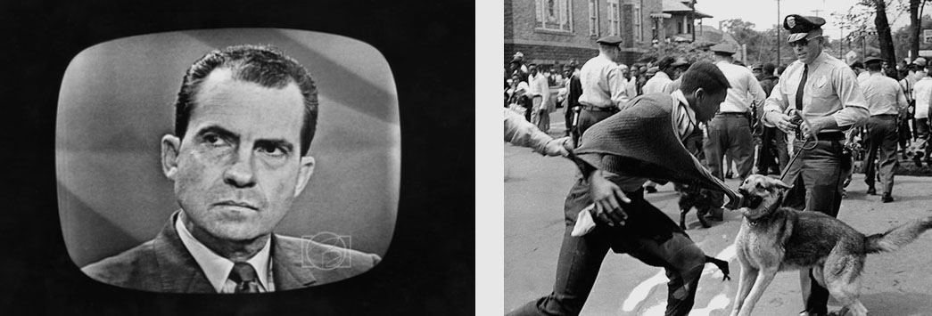 Left: Richard Nixon debating, Right: Dog attacking civil rights demonstrator