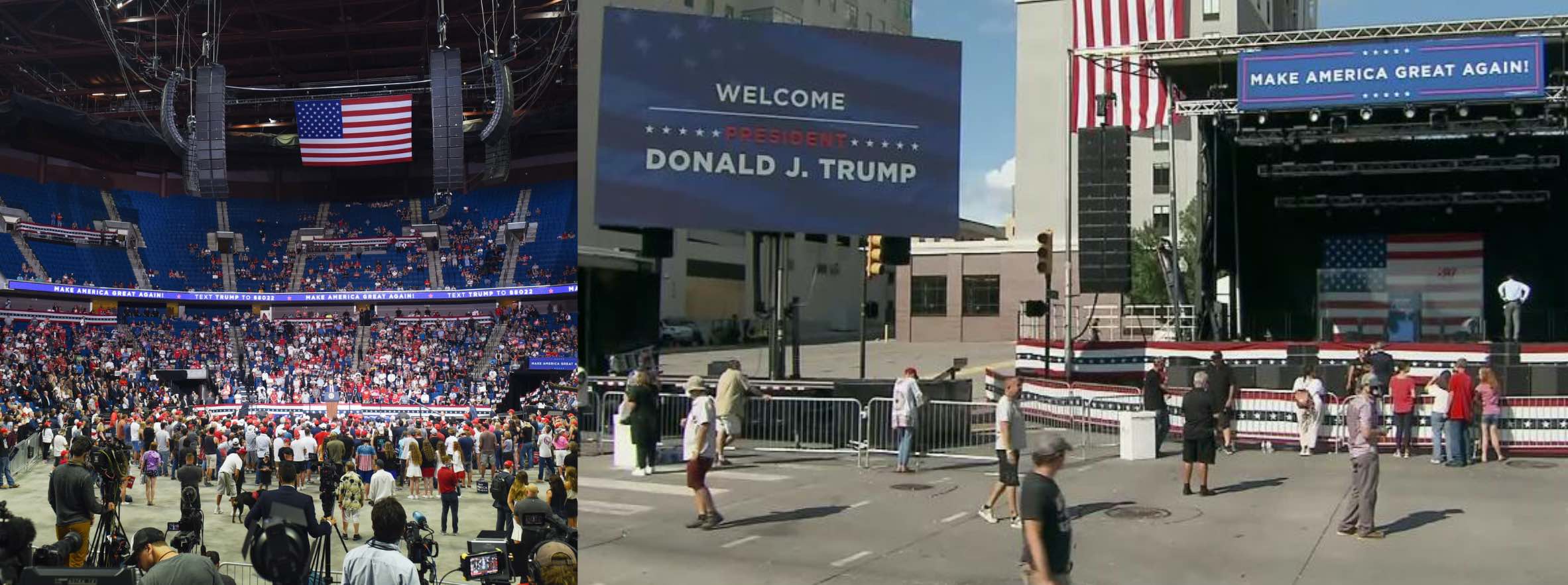 Left: there are many empty seats
in the lower part of the bowl, and there is virtually nobody sitting in the upper part; Right: there are perhaps a dozen people milling
around an area with giant TVs that was clearly set up to accomodate a crowd of thousands