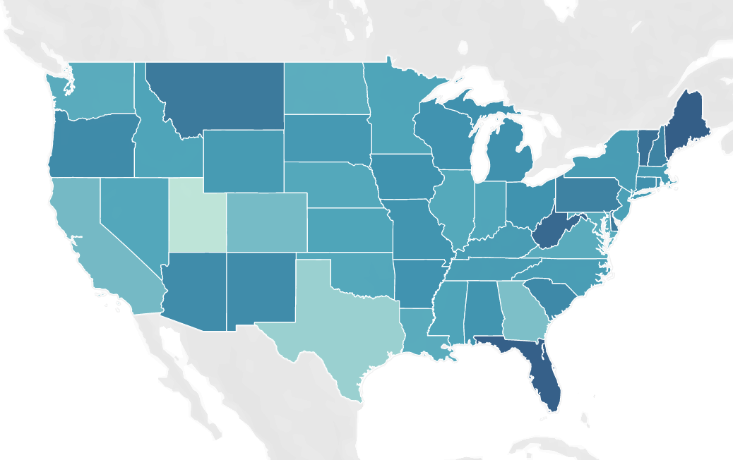 The darkest states are Florida,
Maine, West Virginia, Montana, Pennsylvania, Arizona, Oregon, and New Mexico, in roughly that order. The lightest are
Utah (by a mile), Colorado, Georgia, and Texas. The other 38 or so states are in the mushy middle.