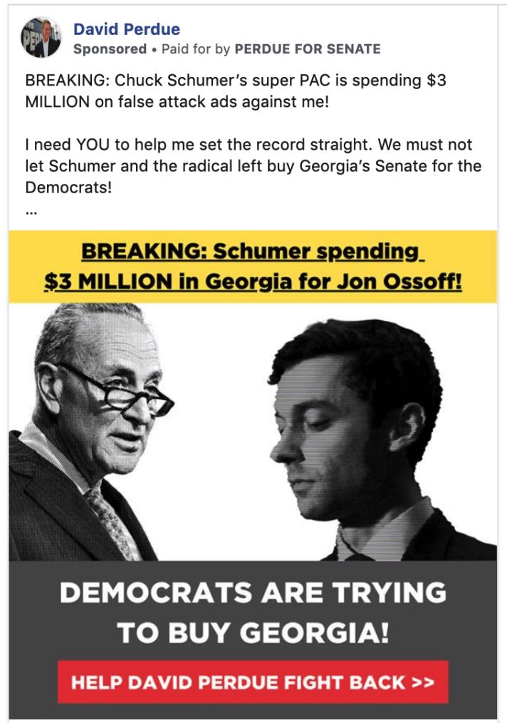 It is a very mediocre-quality
ad featuring menacing-looking pictures of Chuck Schumer and Jon Ossoff in profile, along with text that claims that Schumer
is spending $3 million to try to buy Georgia