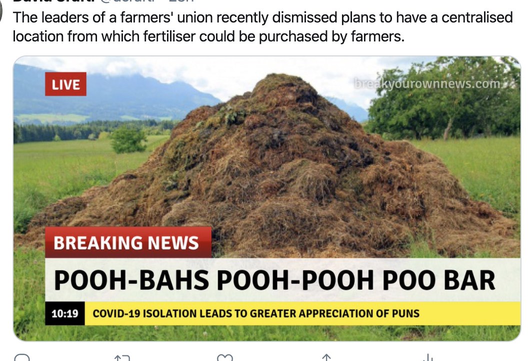 Fake headline about 
a farmers' fertilizer collective: pooh-bahs pooh-pooh poo bar