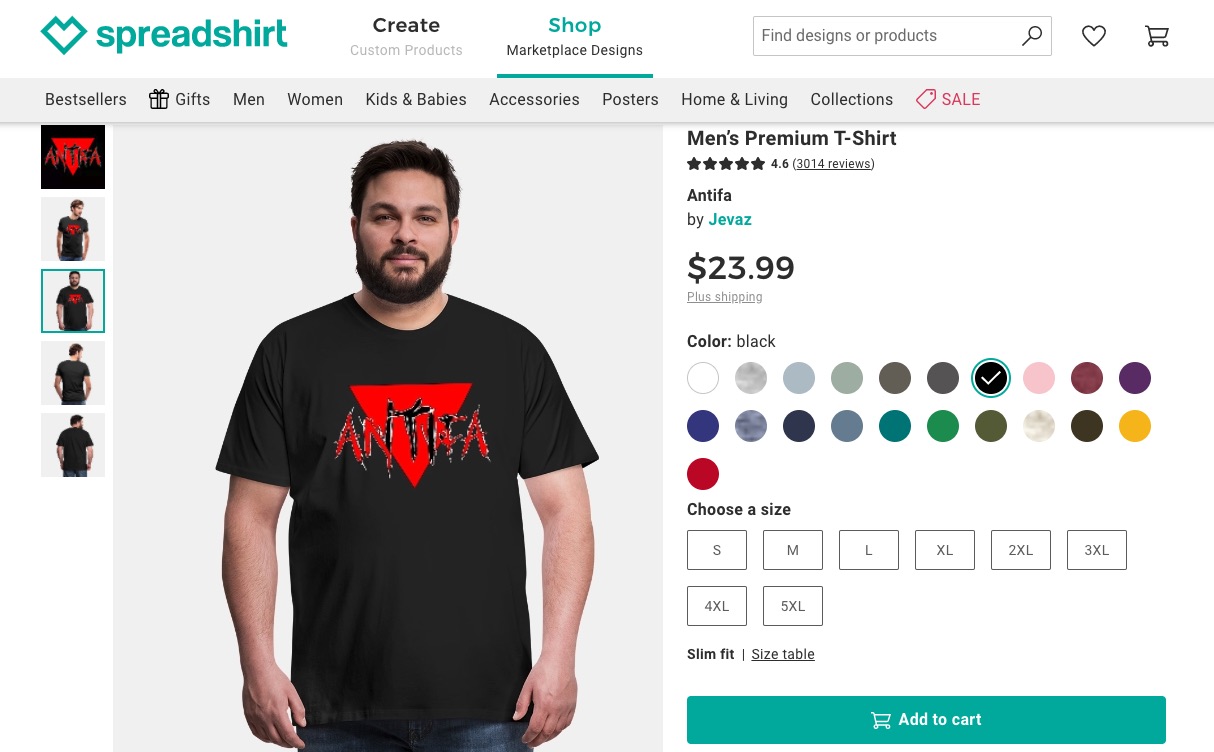An incredibly cheesy black t-shirt, with a red upside-down
triangle, and the word ANTIFA written over it in a frenetic, cat-scratch kind of font