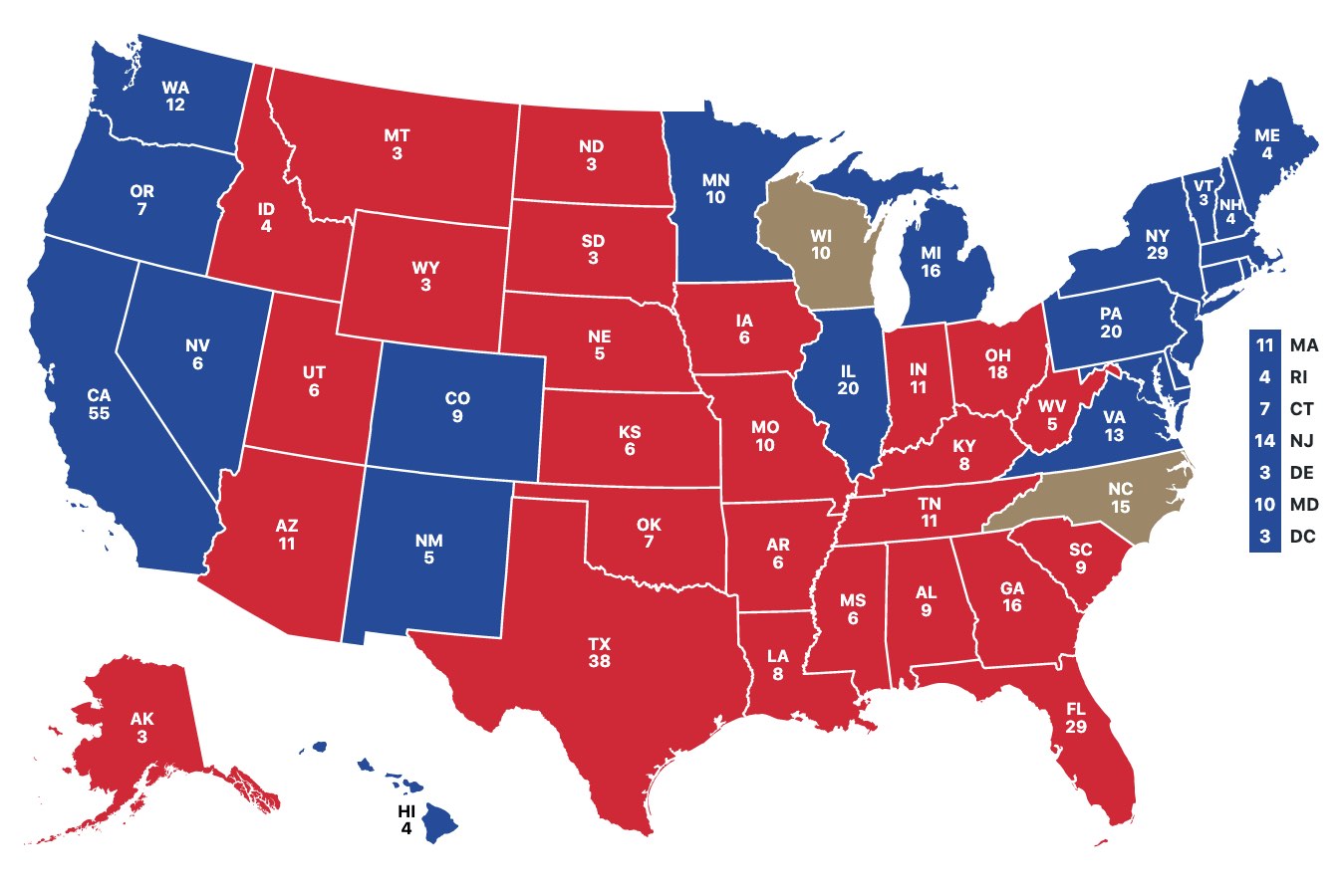 The west coast, New England,
the coastal mid-Atlantic, Colorado/New Mexico, and the upper midwest except for Wisconsin are blue. Wisconsin and North Carolina are
brown. The rest of the country is red.