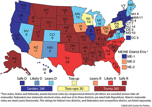 Sabato has California, 
Oregon, Washington, Illinois, New York, Massachusetts, Vermont, Maryland, Hawaii, and DC as Democratic locks; Nevada, Colorado, New Mexico,
Minnesota, Michigan, Maine, New Hampshire, and Virginia as likely Democratic, Wisconsin and Pennsylavania as toss-ups, 
North Carolina, Georgia, Florida, and Texas as likely Republican, and everywhere else as Republican locks.