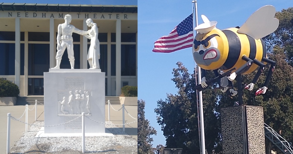 On the left, it looks like
a Seabee is touching the breasts of a teenage girl; on the right, a very large bee holding a gun