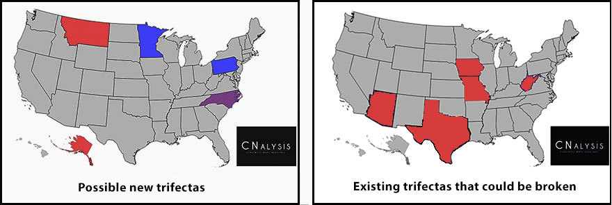 State trifecta maps;
the first one--showing possible pickups--has Montana and Alaska in Red, Minnesota and Pennsylvania in blue, and North Carolina 
in purple. The second one--showing possible trifectas being broken--has Arizona, Texas, Missouri, Iowa, and West Virginia in red
and nothing in blue or purple.