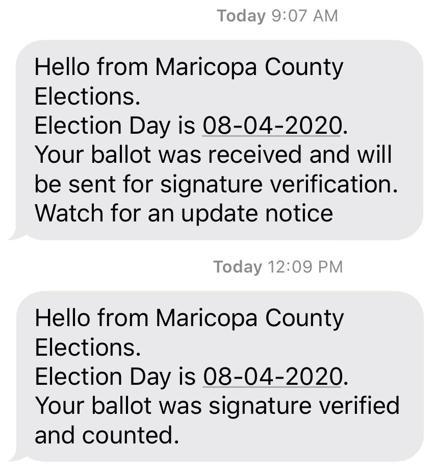 Two text messages confirming 
receipt and counting of the ballots, as described.