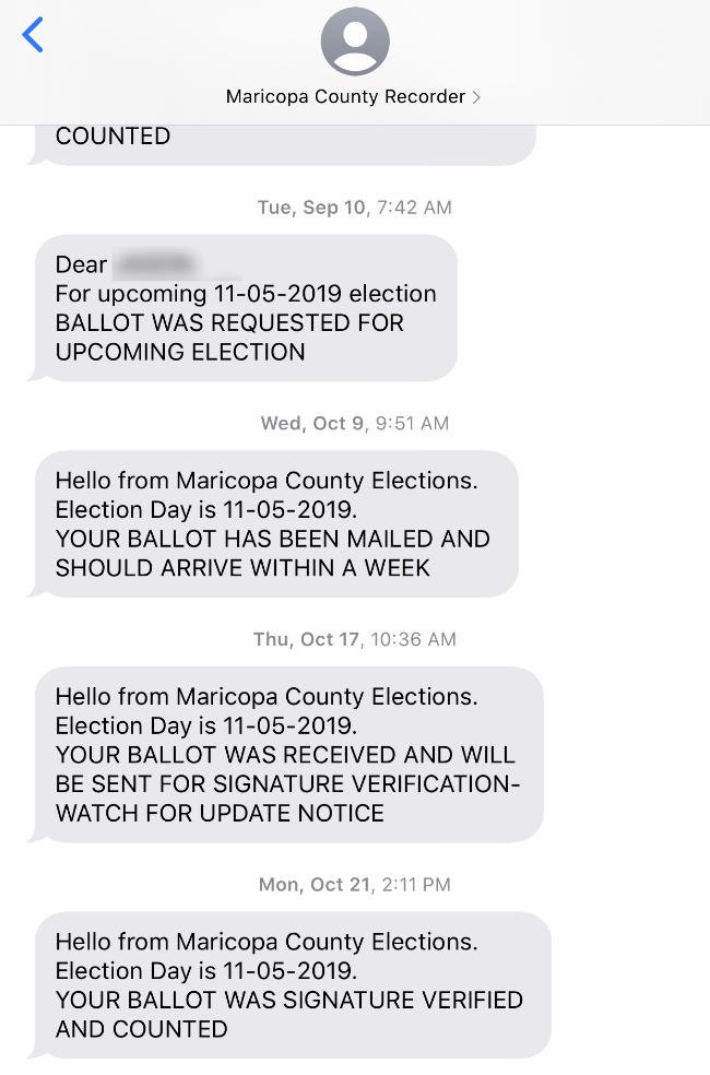 A sequence of text messages, each of
them covering the process of sending a ballot to the voter, and then getting it back and recording it
