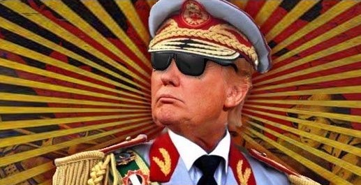 Trump in military uniform and sunglasses
looking like Idi Amin or some other banana republic dictator