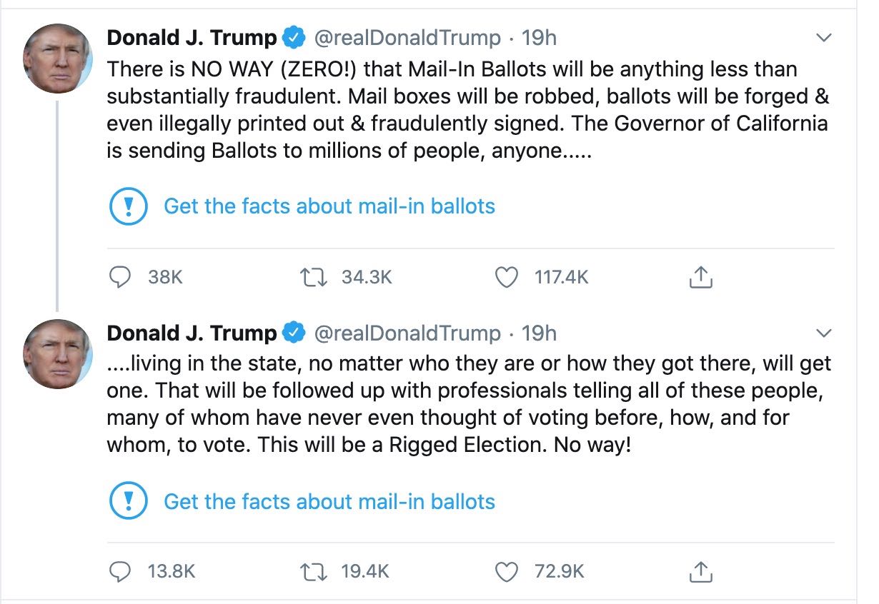 The tweets, which claim that
mail-in ballots will lead to widespread fraud, have a link at the bottom that says 'get the facts about mail-in ballots'