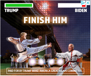 An animated scene, reminiscent of
a 1990s-style martial arts game, in which Trump and Biden square off against one another. Trump is flying through the air, about
to deliver a kick to the face of Biden.