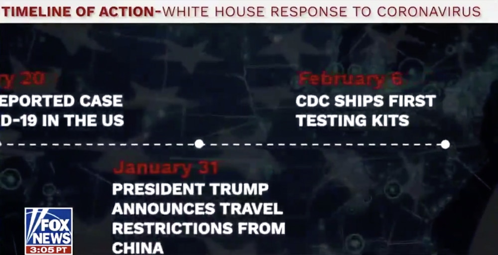 The timeline
has only one entry for February, and that entry covers the CDC shipping the first test kits, and doesn't
involve Trump at all