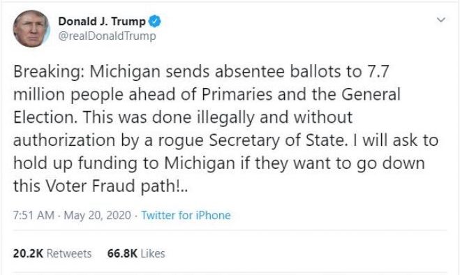 The tweet accuses Michigan's secretary of 
state of sending out actual ballots, which she did not do, as opposed to absentee ballot applications