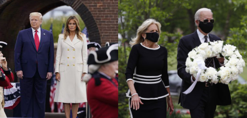 The Bidens are wearing masks, the Trumps are not