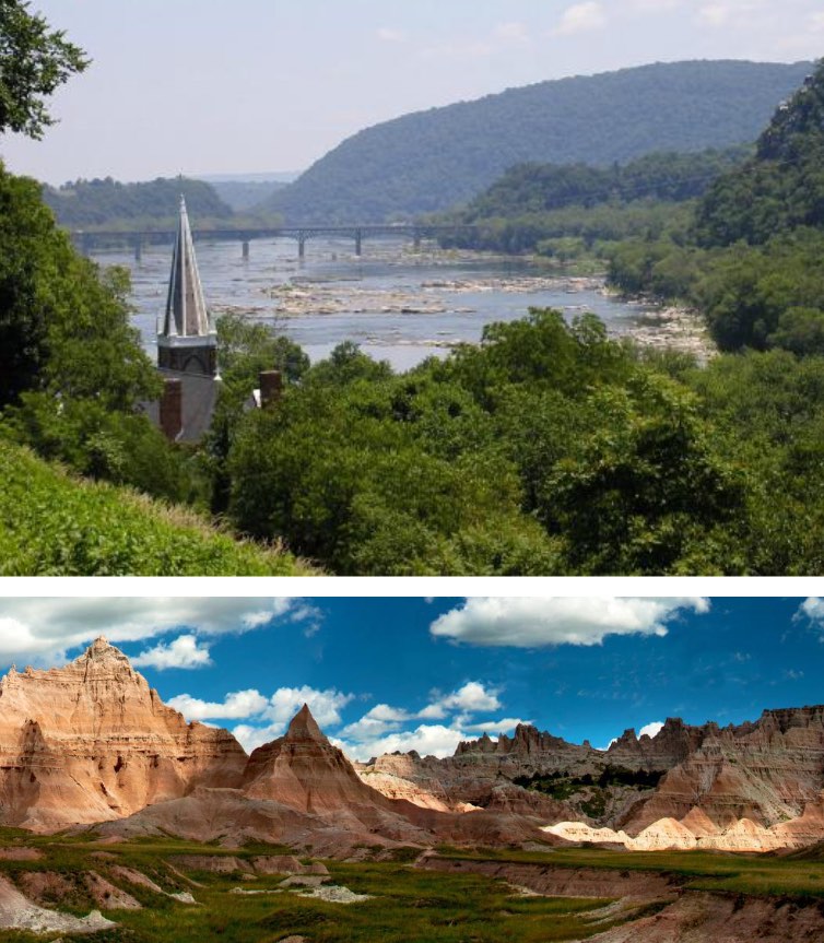 Jefferson's view shows a lot 
of verdant hills, with the Potomac River running through them. Roosevelt's view shows very red, craggy hills with 
a very blue sky.