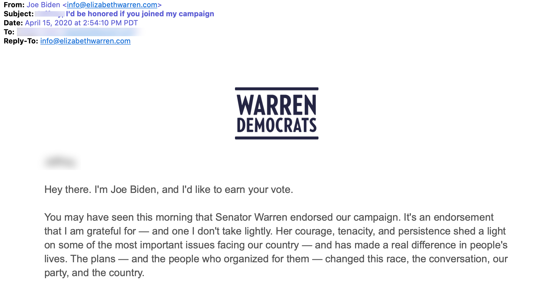 A very effusive e-mail with Warren
campaign letterhead, and sent from the e-mail address info@elizabethwarren.com, but with Joe Biden's name as the sender