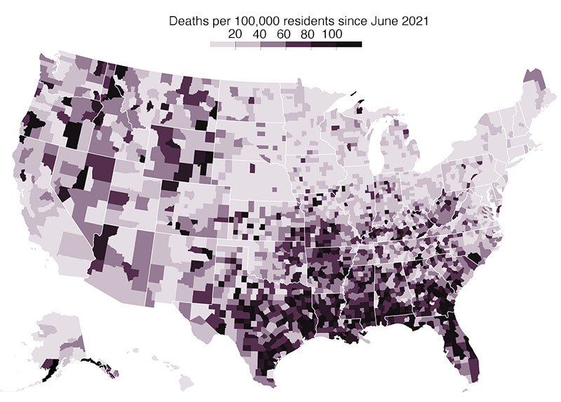 COVID-19 deaths mao since June; the Deep South is made up of nothing
but hotspots, and there are plenty of hotspots in the mountain states, the upper South, the lower Midwest, and the eastern portions of Oregon/Washington. There are virtually no
hotspots anywhere else