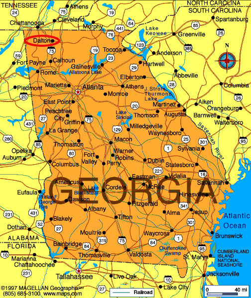 A map of Georgia shows that 
Dalton is in the far northwest corner of the state, just south of Tennessee, just east of Alabama
