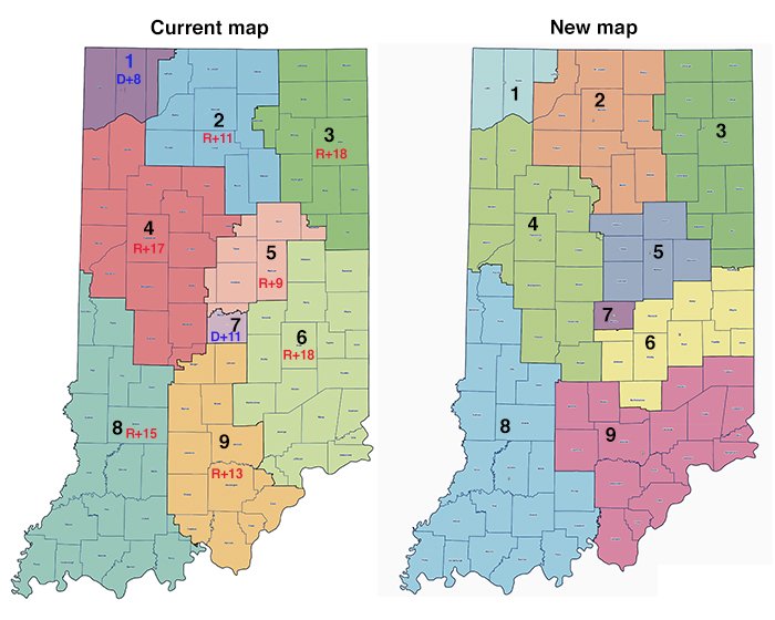 Old and new Indiana CD maps; the current map has
a bunch of Republican districts that are R+8 or greater and two Democratic districts, one in the center where Indianapolis is and one in the northwest
corner close to Chicago, that are D+8 or greater. The new map doesn't have labels of how partisan the districts are, but the districts are largely
the same shape and in the same locations, excepting IN-06 and IN-09, which have gone from splitting the southeast corner of the state on an east-west
axis to splitting the southeast corner on a north-south axis.