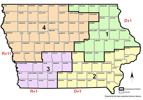 Iowa's congressional map, which is pretty evenly
divided into four distinct quadrants