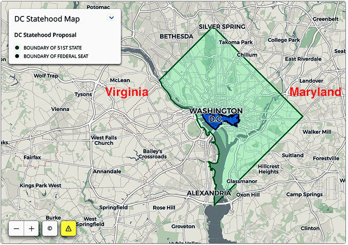 Map of 51st state, which would be
straight on three sides and would follow the Potomac River on the fourth, creating a shape that looks like a waffle with a big
bite taken out of it.