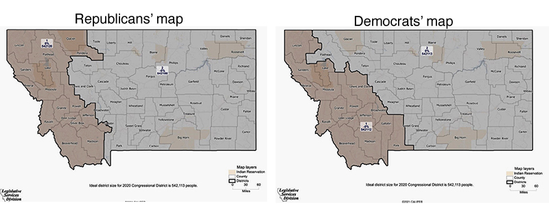 Proposed Montana maps; the Republican one
makes the western district wider in the northwest and narrower in the southwest; the Democratic one makes the new district narrower in the northwest
and wider in the southwest