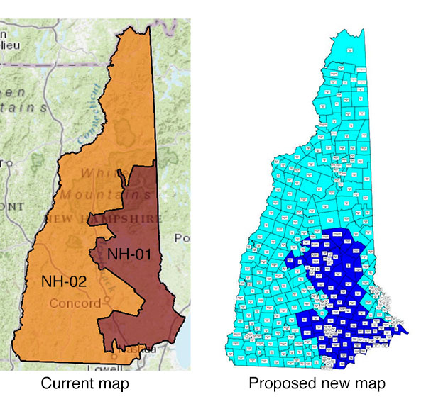 Old and proposed new maps of NH; in both
there is one district in the southeast corner of the state while the second district is the rest of the state, but the new map puts some
counties that border on Maine in the big district and moves some counties in the center of the state to the smaller district