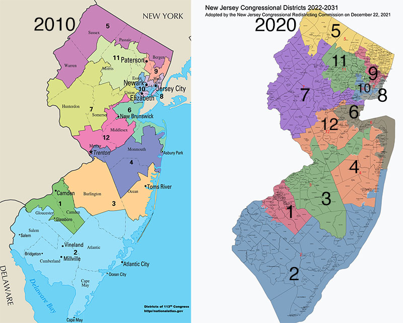 New Jersey congressional maps, the one
in place now, and the new one. They actually aren't all that different; the main difference is that NJ-03 and NJ-04 went from
a north and south orientation to an east and west orientation.