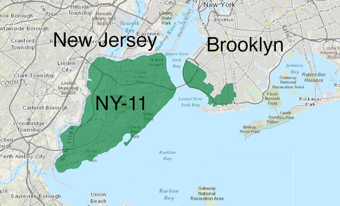Map of NY-11; there is a fairly sizable body of water
between it and Brooklyn, but only a small channel of water between it and New Jersey