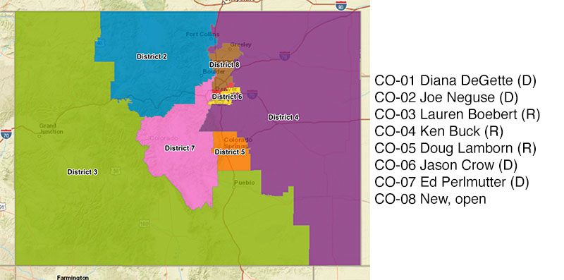 Map of Colorado congressional districts, the text
below literally covers everything the map does, excepting that the map is garishly colored with different bright pastel-like colors