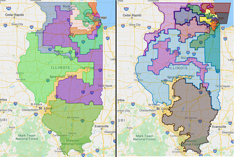 Proposed district maps for Illinois; the new one
has a lot of those 'Goofy kicking Donald Duck'-type districts.