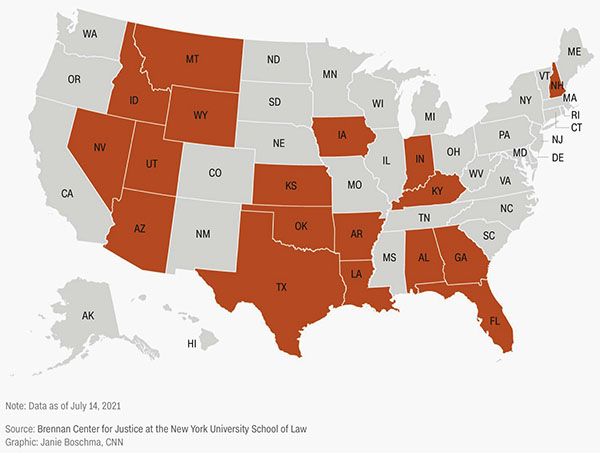 States with new restrictive voting laws,
to wit, Nevada, Arizona, Utah, Idaho, Wyoming, Montana, Iowa, Kansas, Oklahoma, Texas, Louisiana, Arkansas, Indiana, Kentucky, Alabama, Georgia, Florida
and New Hampshire.