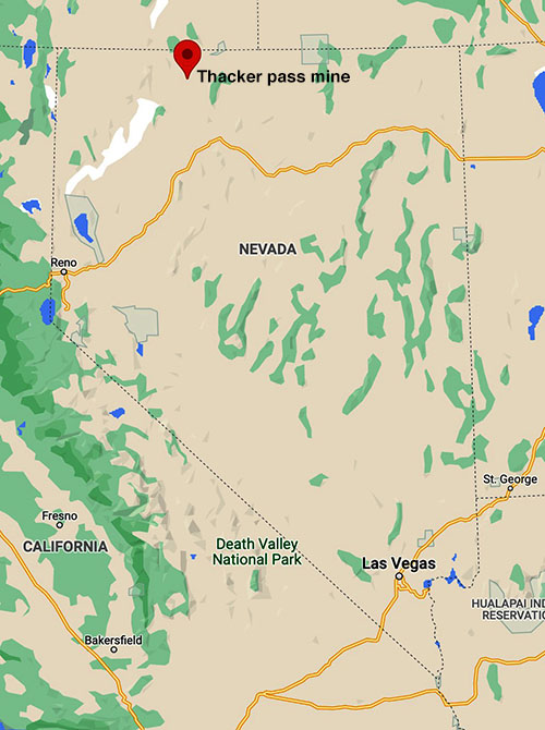Location of Thacker pass mine, which is located near
the northern border of the state, a little bit west of the center