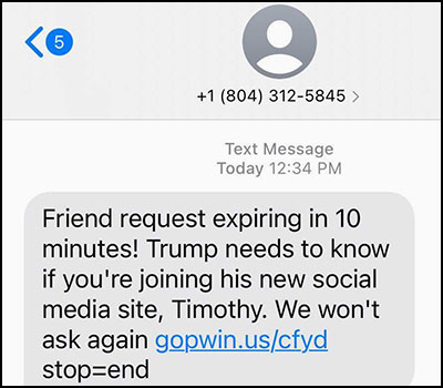 Scam message from NRCC that says 
it is a friend request for Timothy for a meeting on Trump's new social media site in 10 minutes