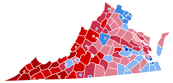 2020 election in Virginia by county; it's blue on much
of the coasts, particularly in the north, and then there's one blue county among a sea of deep red in the western part of the state
