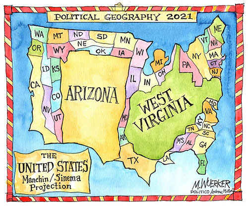 Matt Wuerker's map of U.S.; it is
titled 'politica geography of the U.S.' and has 48 small states and a giant Arizona and West Virginia