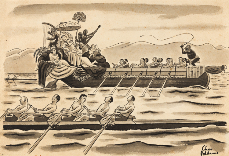 The cartoon, by Charles Addams, shows a rowing competition in which there is a regular
boat with one rower speaking to another, and then a deluxe boat that looks like something from Roman times, along with nude women, a person cracking a whip, and what looks to be
Black people playing various instruments, like a harp