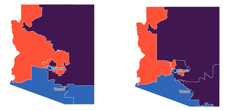 The biggest difference between the maps
is that the very blue district in the southeast corner of the state is now a purple district. Otherwise, Phoenix and the southern
part of the state are blue, the Phoenix suburbs and the western quarter of the state are red, and the eastern three-quarters
of the state, outside of Phoenix and its suburbs, are red. Phoenix is located at about the halfway point of the state longitude-wise
and about one-third of the way north of the Mexican border, latitude-wide.