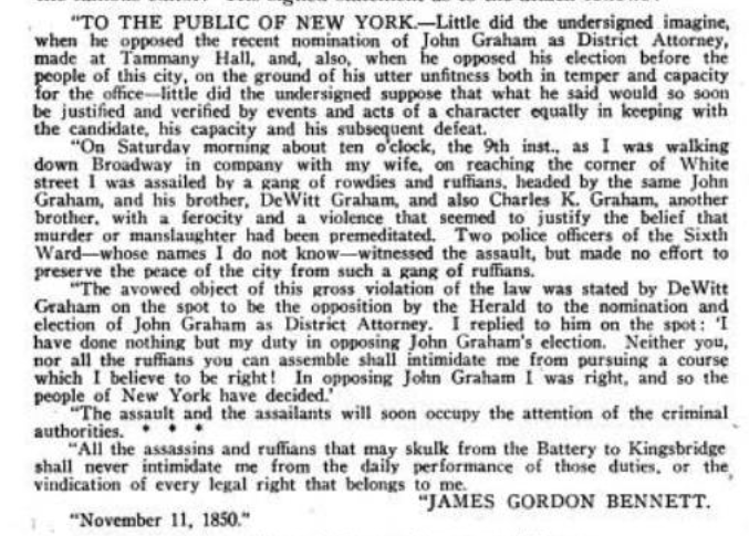 The four-paragraph news story
reveals the name of the assailants, explains the attack took place on Broadway, lambastes the assailants, and assures
readers that they will be criminally prosecuted.