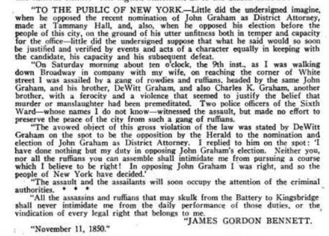 The four-paragraph news story
reveals the name of the assailants, explains the attack took place on Broadway, lambastes the assailants, and assures 
readers that they will be criminally prosecuted.