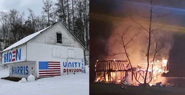 Two pictures; one of a barn painted with pro-Biden/Harris messaging
and a second of the same barn burned to the ground