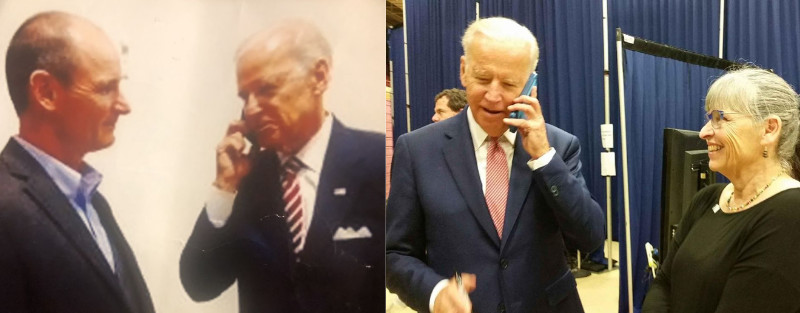 A man in his 50s or early 60s
stands next to Joe Biden, who is talking on a cell phone (left), and a woman in her 60s stands next to Biden in a
different locale; he is again talking on a cell phone.